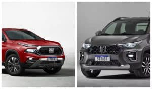 Fiat Strada cinza e Fiat Toro vermelha posicionadas frente a frente, destacando visual e comparação entre os modelos.