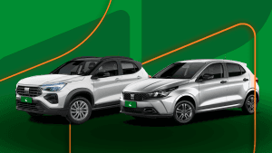 Fiat Pulse e Fiat Argo lado a lado no pátio da Localiza Seminovos com marca ao fundo