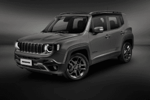 Jeep Renegade cinza fotografado em estúdio, exibido de perfil, destacando linhas laterais e rodas de liga leve.